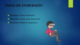 TIPOS DE INMERSIÓN
Realidad virtual inmersiva
Realidad virtual semi-inmersiva
Realidad virtual no inmersiva
