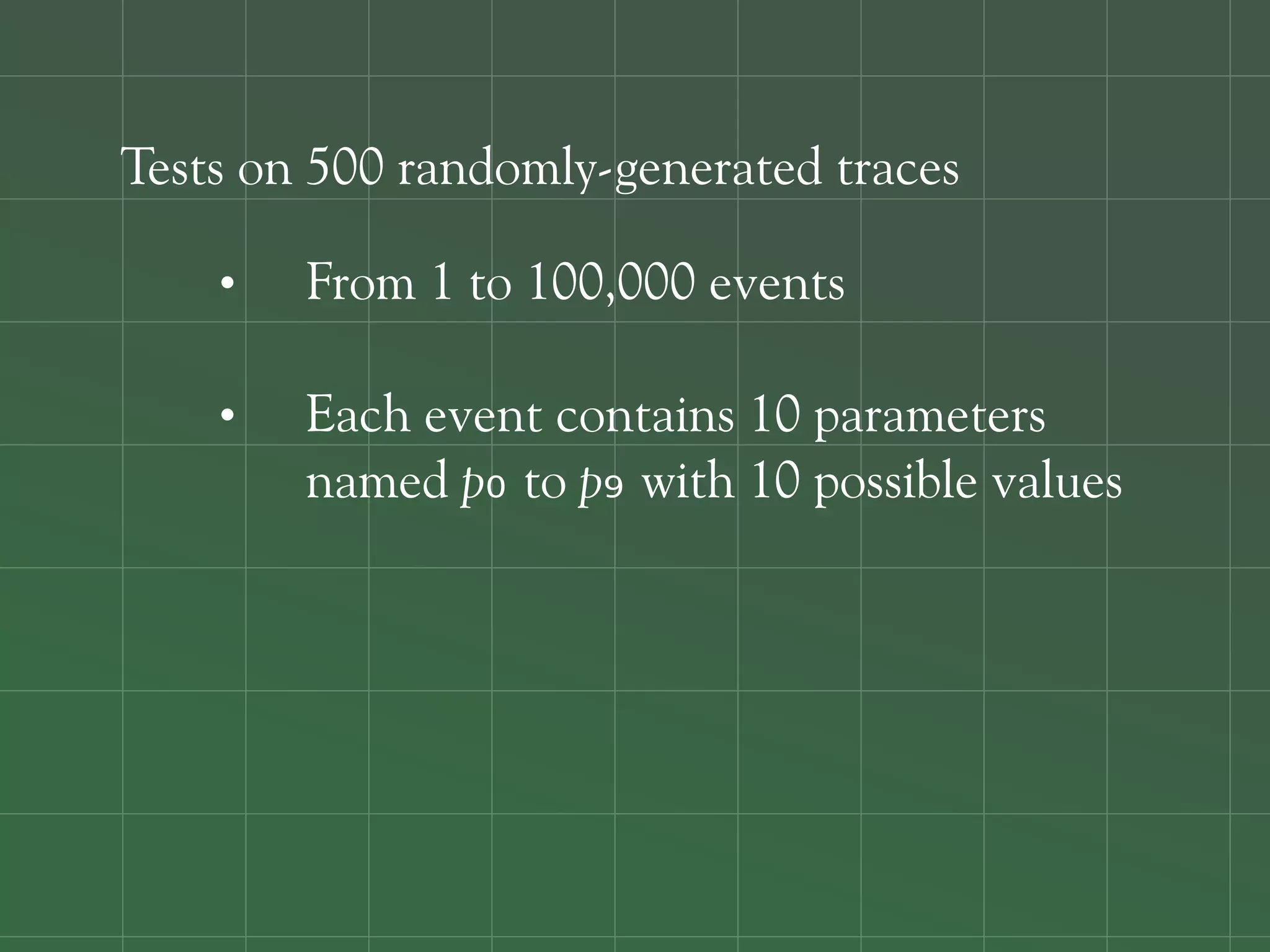 Tests on 500 randomly-generated traces

        From 1 to 100,000 events

        Each event contains 10 parameters
        named p₀ to p₉ with 10 possible values
 
