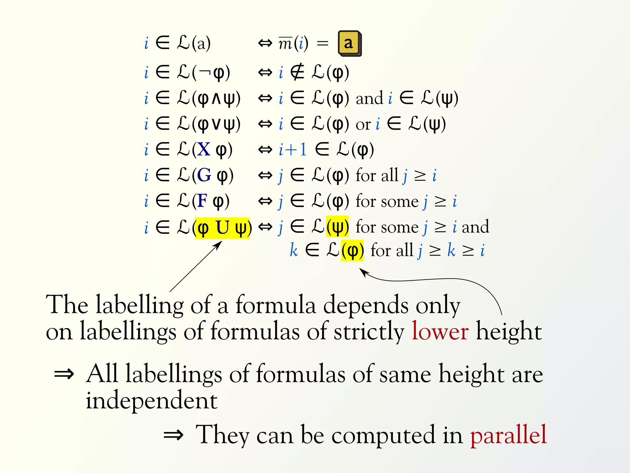 i ∈ ℒ(a)        ⇔ m(i) = a
         i   ∈   ℒ(¬φ) ⇔      i ∉ ℒ(φ)
         i   ∈   ℒ(φ∧ψ) ⇔     i ∈ ℒ(φ) and i ∈ ℒ(ψ)
         i   ∈   ℒ(φ∨ψ) ⇔     i ∈ ℒ(φ) or i ∈ ℒ(ψ)
         i   ∈   ℒ(X φ) ⇔     i+1 ∈ ℒ(φ)
         i   ∈   ℒ(G φ) ⇔     j ∈ ℒ(φ) for all j ≥ i
         i   ∈   ℒ(F φ) ⇔     j ∈ ℒ(φ) for some j ≥ i
         i   ∈   ℒ(φ U ψ) ⇔   j ∈ ℒ(ψ) for some j ≥ i and
                                k ∈ ℒ(φ) for all j ≥ k ≥ i


The labelling of a formula depends only
on labellings of formulas of strictly lower height
⇒ All labellings of formulas of same height are
  independent
          ⇒ They can be computed in parallel
 