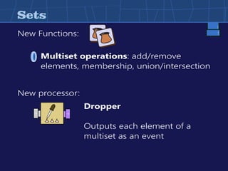 SetsSets
New Functions:
New processor:
Multiset operations: add/remove
elements, membership, union/intersection
→ →
Dropper
Outputs each element of a
multiset as an event
 