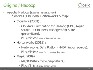 www.cetic.be
Origine / Hadoop
• Apache Hadoop (hadoop.apache.org).
– Services : Cloudera, Hortonworks & MapR.
●
Cloudera (...