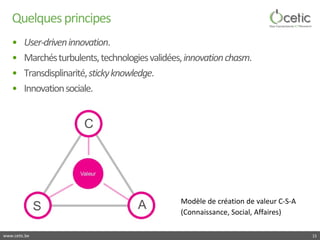 www.cetic.be 
Quelques principes 
• 
User-driven innovation. 
• 
Marchés turbulents, technologies validées, innovation cha...