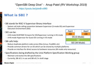 "OpenSBI Deep Dive" - Anup Patel (RV Workshop 2019)
– https://youtu.be/jstwB-o9ll0
 