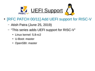 UEFI Support
●
[RFC PATCH 00/11] Add UEFI support for RISC-V
– Atish Patra (June 25, 2019)
– “This series adds UEFI support for RISC-V”
●
Linux kernel: 5.8-rc2
●
U-Boot: master
●
OpenSBI: master
 