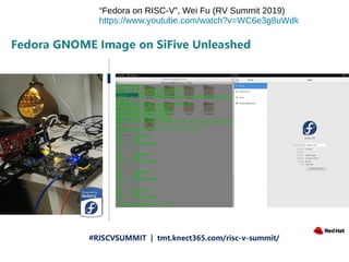 “Fedora on RISC-V”, Wei Fu (RV Summit 2019)
https://www.youtube.com/watch?v=WC6e3g8uWdk
 