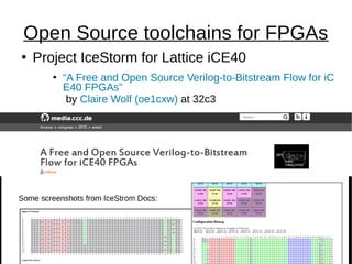 ●
Project IceStorm for Lattice iCE40
●
“A Free and Open Source Verilog-to-Bitstream Flow for iC
E40 FPGAs”
by Claire Wolf (oe1cxw) at 32c3
Open Source toolchains for FPGAs
 