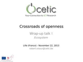 Crossroads of openness
Wrap-up talk !
Ecosystem
Lille (France) - November 22, 2013
robert.viseur@cetic.be

 