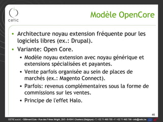 Modèle OpenCore

• Architecture noyau extension fréquente pour les
  logiciels libres (ex.: Drupal).
• Variante: Open Core...