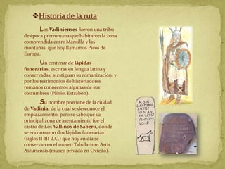 Historia de la ruta:
       Los Vadinienses fueron una tribu
de época prerromana que habitaron la zona
comprendida entre Mansilla y las
montañas, que hoy llamamos Picos de
Europa.
       Un centenar de lápidas
funerarias, escritas en lengua latina y
conservadas, atestiguan su romanización, y
por los testimonios de historiadores
romanos conocemos algunas de sus
costumbres (Plinio, Estrabón).
       Su nombre proviene de la ciudad
de Vadinia, de la cual se desconoce el
emplazamiento, pero se sabe que su
principal zona de asentamiento fue el
castro de Los Vallinos de Sabero, donde
se encontraron dos lápidas funerarias
(siglos II-III d.C.) que hoy en día se
conservan en el museo Tabularium Artis
Asturiensis (museo privado en Oviedo).
 