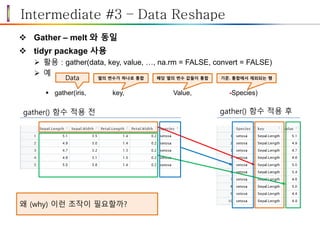 Intermediate #3 – Data Reshape
 Gather – melt 와 동일
 tidyr package 사용
 활용 : gather(data, key, value, …, na.rm = FALSE, convert = FALSE)
 예
 gather(iris, key, Value, -Species)
Data 열의 변수가 하나로 통합 해당 열의 변수 값들이 통합 기준. 통합에서 제외되는 행
gather() 함수 적용 전 gather() 함수 적용 후
왜 (why) 이런 조작이 필요할까?
 