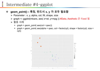 Intermediate #4–ggplot
 geom_point() – 특징, 반드시 x, y 가 모두 필요함
 Parameter : x, y, alpha, col, fill, shape, size
 graph <- ggplot(mtcars, aes( x=wt, y=mpg )) #Data, Aesthetic 은 Fixed 됨
 활용 사례
 graph + geom_point( aes(col = qsec))
 graph + geom_point( aes(alpha = qsec, col = factor(cyl), shape = factor(cyl), size =
cyl))
 