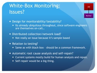 JobJobChallengeSystem/Service Level Black-Box MonitoringMonitorMonitorNot commonly done Main purpose would be failure cause analysis and failure preventionSimple local monitoring already discovers failures Is there a strong point of doing it at runtime (vs. log analysis)?Only if real-time prevention and potentially repair is important  Monitor
