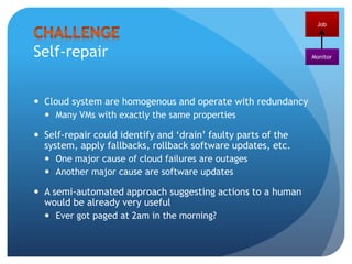 ChallengeProtocolcontract verificationJobMonitorAt Google, all communication between jobs happens via a single homogeneous RPC mechanism based on a message format definition language (called protocol buffers)Also all (= terra bytes) of data is stored in formats specified by protocol buffersOne could formulate data invariant and protocol sequencing contracts over protocol buffers and enforce them at runtime 