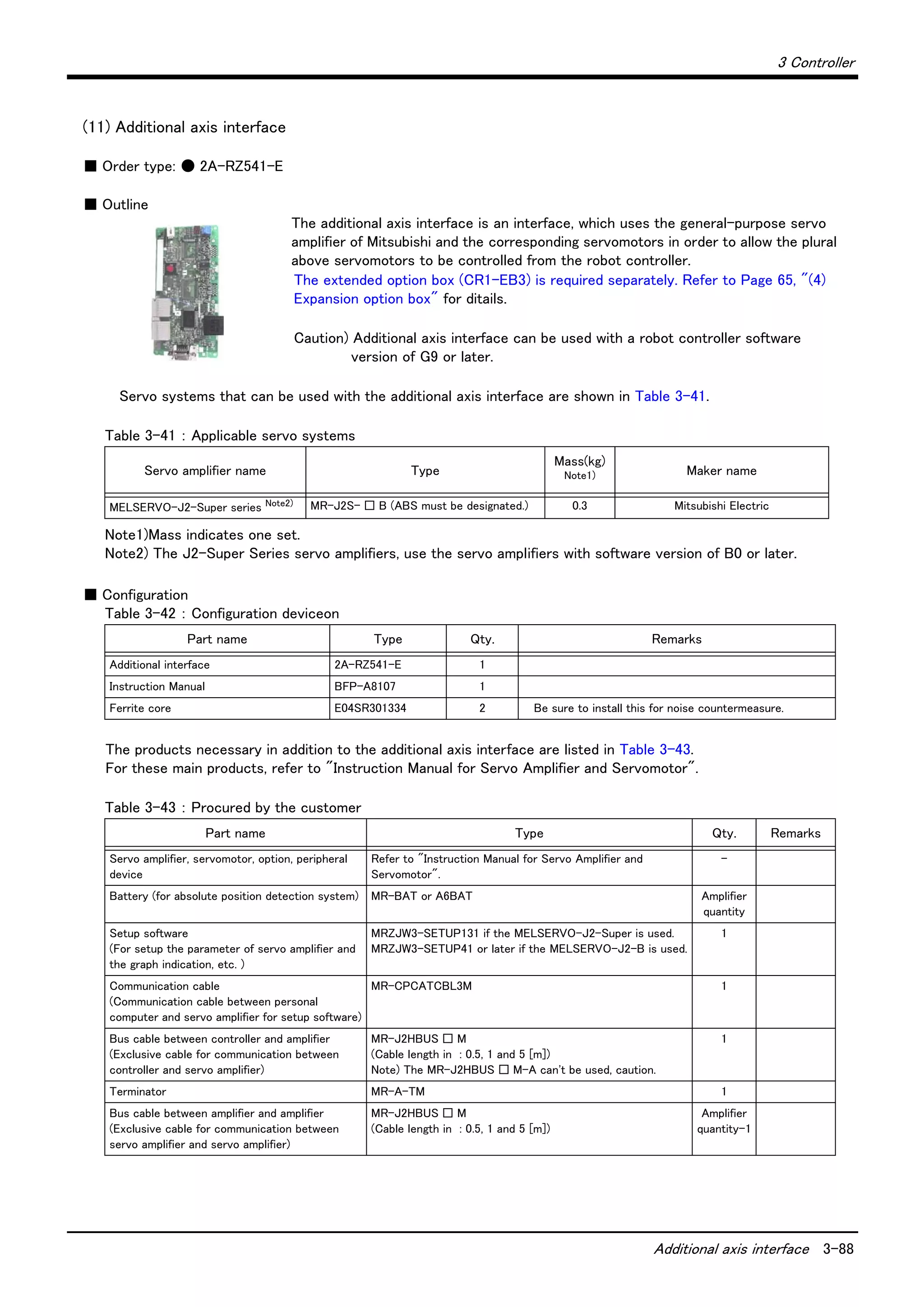 3 Controller
Additional axis interface 3-88
(11) Additional axis interface
■ Order type: ● 2A-RZ541-E
■ Outline
The additional axis interface is an interface, which uses the general-purpose servo
amplifier of Mitsubishi and the corresponding servomotors in order to allow the plural
above servomotors to be controlled from the robot controller.
The extended option box (CR1-EB3) is required separately. Refer to Page 65, "(4)
Expansion option box" for ditails.
Caution) Additional axis interface can be used with a robot controller software
version of G9 or later.
Servo systems that can be used with the additional axis interface are shown in Table 3-41.
Table 3-41 ： Applicable servo systems
■ Configuration
Table 3-42 ： Configuration deviceon
The products necessary in addition to the additional axis interface are listed in Table 3-43.
For these main products, refer to "Instruction Manual for Servo Amplifier and Servomotor".
Table 3-43 ： Procured by the customer
Servo amplifier name Type
Mass(kg)
Note1)
Note1)Mass indicates one set.
Maker name
MELSERVO-J2-Super series Note2)
Note2) The J2-Super Series servo amplifiers, use the servo amplifiers with software version of B0 or later.
MR-J2S- □ B (ABS must be designated.) 0.3 Mitsubishi Electric
Part name Type Qty. Remarks
Additional interface 2A-RZ541-E 1
Instruction Manual BFP-A8107 1
Ferrite core E04SR301334 2 Be sure to install this for noise countermeasure.
Part name Type Qty. Remarks
Servo amplifier, servomotor, option, peripheral
device
Refer to "Instruction Manual for Servo Amplifier and
Servomotor".
-
Battery (for absolute position detection system) MR-BAT or A6BAT Amplifier
quantity
Setup software
(For setup the parameter of servo amplifier and
the graph indication, etc. )
MRZJW3-SETUP131 if the MELSERVO-J2-Super is used.
MRZJW3-SETUP41 or later if the MELSERVO-J2-B is used.
1
Communication cable
(Communication cable between personal
computer and servo amplifier for setup software)
MR-CPCATCBL3M 1
Bus cable between controller and amplifier
(Exclusive cable for communication between
controller and servo amplifier)
MR-J2HBUS □ M
(Cable length in : 0.5, 1 and 5 [m])
Note) The MR-J2HBUS □ M-A can't be used, caution.
1
Terminator MR-A-TM 1
Bus cable between amplifier and amplifier
(Exclusive cable for communication between
servo amplifier and servo amplifier)
MR-J2HBUS □ M
(Cable length in : 0.5, 1 and 5 [m])
Amplifier
quantity-1
 