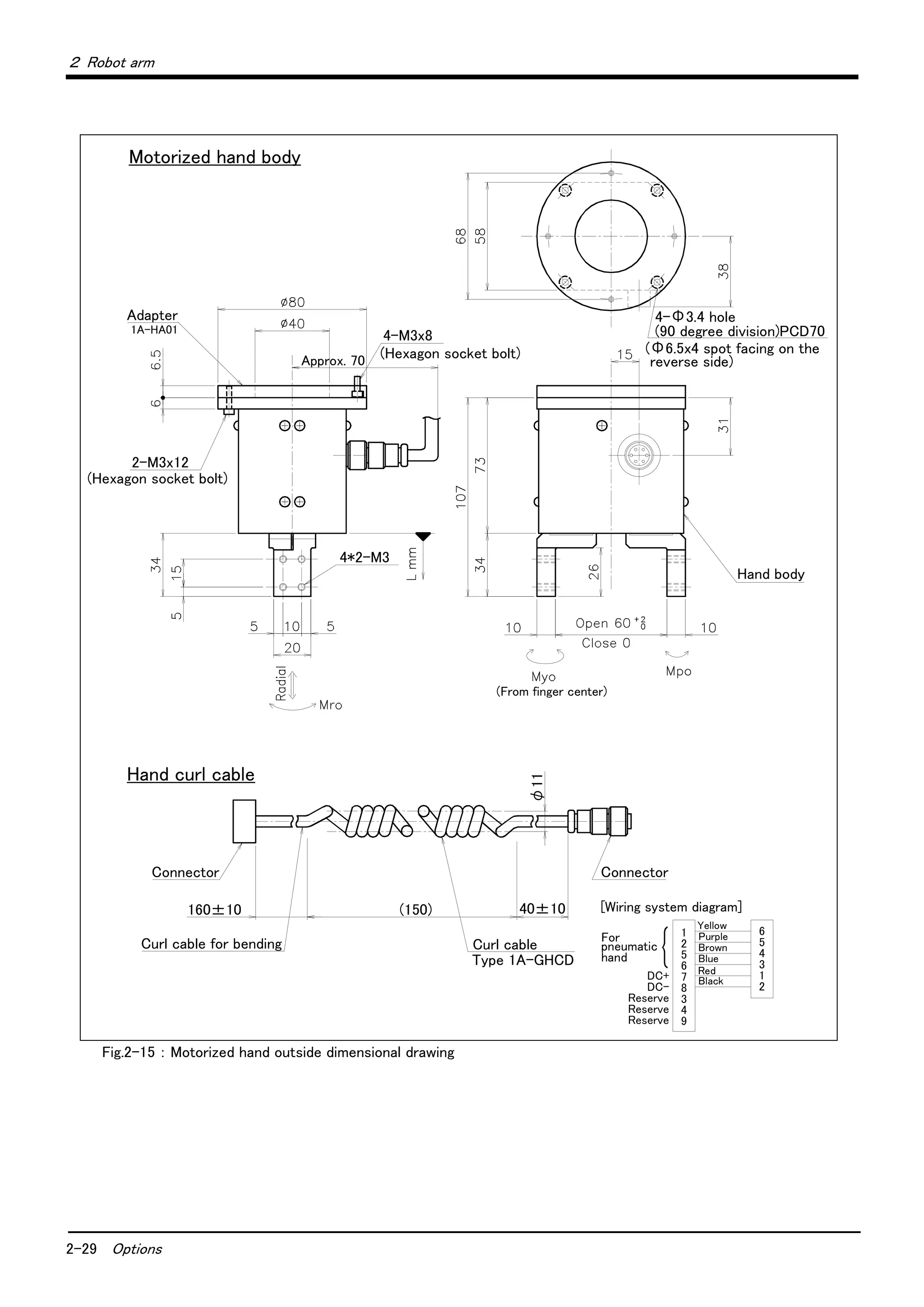 2-29 Options
２ Robot arm
Fig.2-15 ： Motorized hand outside dimensional drawing
1A-HA01
Motorized hand body
Approx. 70
(150)
Adapter
(Hexagon socket bolt)
4-M3x8
(Hexagon socket bolt)
2-M3x12
4*2-M3
Hand body
(Φ6.5x4 spot facing on the
reverse side)
[Wiring system diagram]
Connector
Curl cable
Type 1A-GHCD
Curl cable for bending
Connector
Hand curl cable
For
pneumatic
hand
Yellow
Purple
Brown
Blue
Red
Black
4-Φ3.4 hole
(90 degree division)PCD70
(From finger center)
40±10
φ11
160±10
1
2
5
6
7
8
3
4
9
6
5
4
3
1
2
DC+
DC-
Reserve
Reserve
Reserve
 