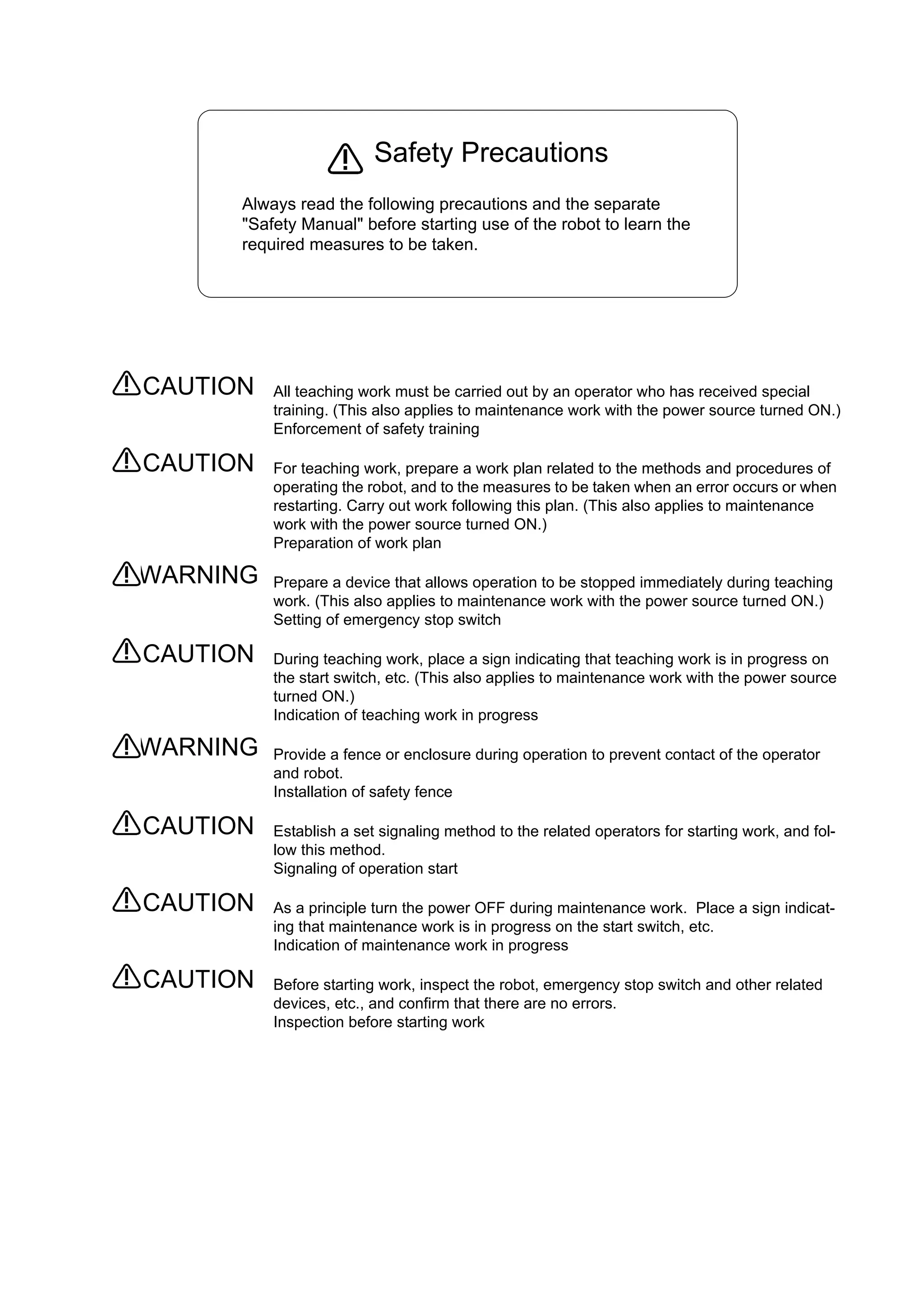 All teaching work must be carried out by an operator who has received special
training. (This also applies to maintenance work with the power source turned ON.)
Enforcement of safety training
For teaching work, prepare a work plan related to the methods and procedures of
operating the robot, and to the measures to be taken when an error occurs or when
restarting. Carry out work following this plan. (This also applies to maintenance
work with the power source turned ON.)
Preparation of work plan
Prepare a device that allows operation to be stopped immediately during teaching
work. (This also applies to maintenance work with the power source turned ON.)
Setting of emergency stop switch
During teaching work, place a sign indicating that teaching work is in progress on
the start switch, etc. (This also applies to maintenance work with the power source
turned ON.)
Indication of teaching work in progress
Provide a fence or enclosure during operation to prevent contact of the operator
and robot.
Installation of safety fence
Establish a set signaling method to the related operators for starting work, and fol-
low this method.
Signaling of operation start
As a principle turn the power OFF during maintenance work. Place a sign indicat-
ing that maintenance work is in progress on the start switch, etc.
Indication of maintenance work in progress
Before starting work, inspect the robot, emergency stop switch and other related
devices, etc., and confirm that there are no errors.
Inspection before starting work
CAUTION
CAUTION
WARNING
CAUTION
WARNING
CAUTION
CAUTION
CAUTION
Always read the following precautions and the separate
"Safety Manual" before starting use of the robot to learn the
required measures to be taken.
Safety Precautions
 