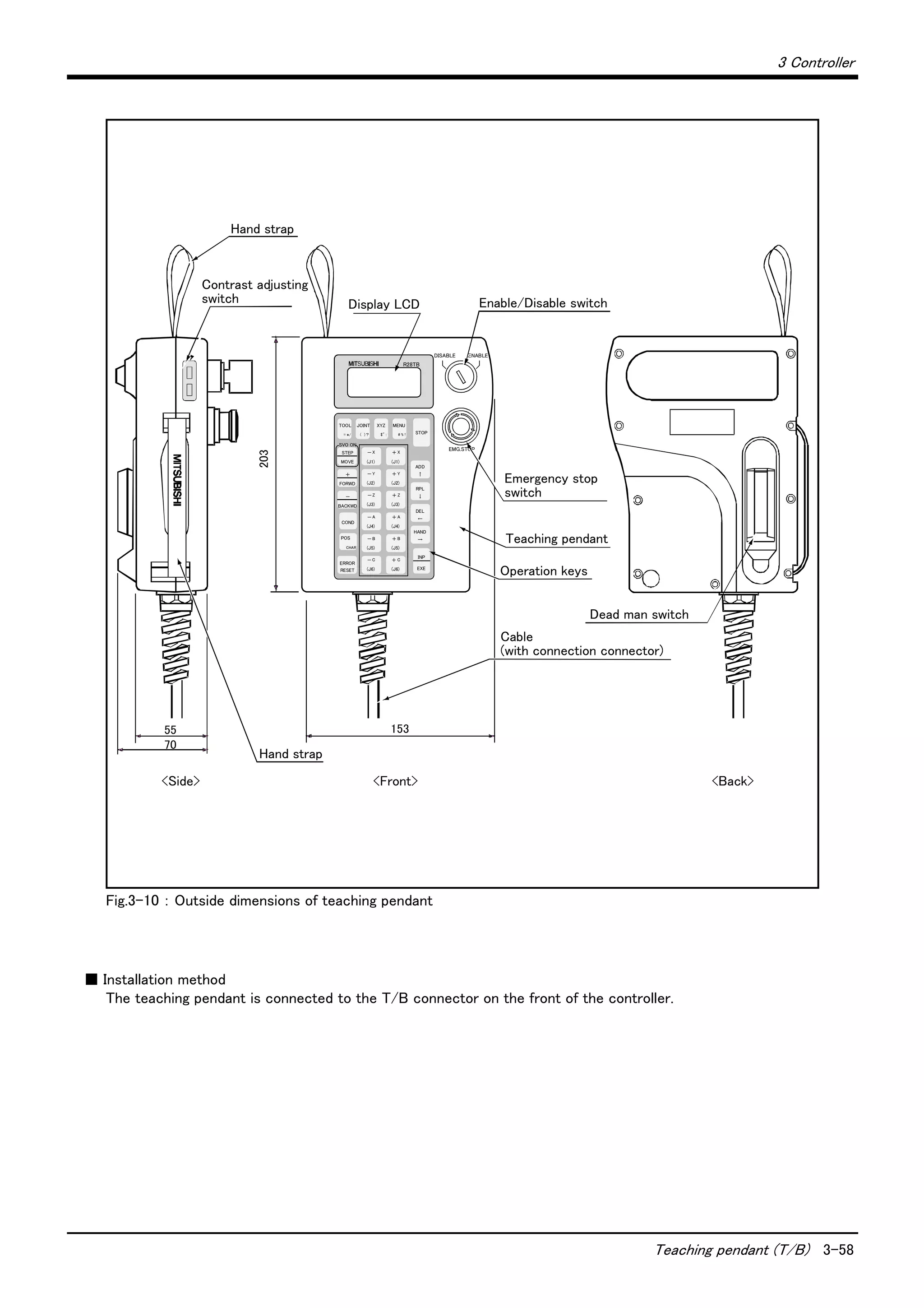 3 Controller
Teaching pendant (T/B) 3-58
Fig.3-10 ： Outside dimensions of teaching pendant
■ Installation method
The teaching pendant is connected to the T/B connector on the front of the controller.
Hand strap
Hand strap
Enable/Disable switch
Emergency stop
switch
Cable
(with connection connector)
Contrast adjusting
switch
Dead man switch
<Side> <Back><Front>
55 153
203
Display LCD
R28TB
DISABLE
EMG.STOP
TOOL
=＊/
STEP
MOVE
＋
FORWD
－
BACKWD
ADD
↑
RPL
↓
DEL
←
HAND
→
INP
EXE
COND
ERROR
RESET
POS
　 　CHAR
JOINT
( )？
XYZ
$" :
MENU
STOP
－X
(J1)
＋ X
(J1)
－Y
(J2)
＋ Y
(J2)
－Z
(J3)
＋ Z
(J3)
－A
(J4)
＋ A
(J4)
－B
(J5)
＋ B
(J5)
－C
(J6)
＋ C
(J6)
SVO ON
ENABLE
# % !
Operation keys
Teaching pendant
70
 
