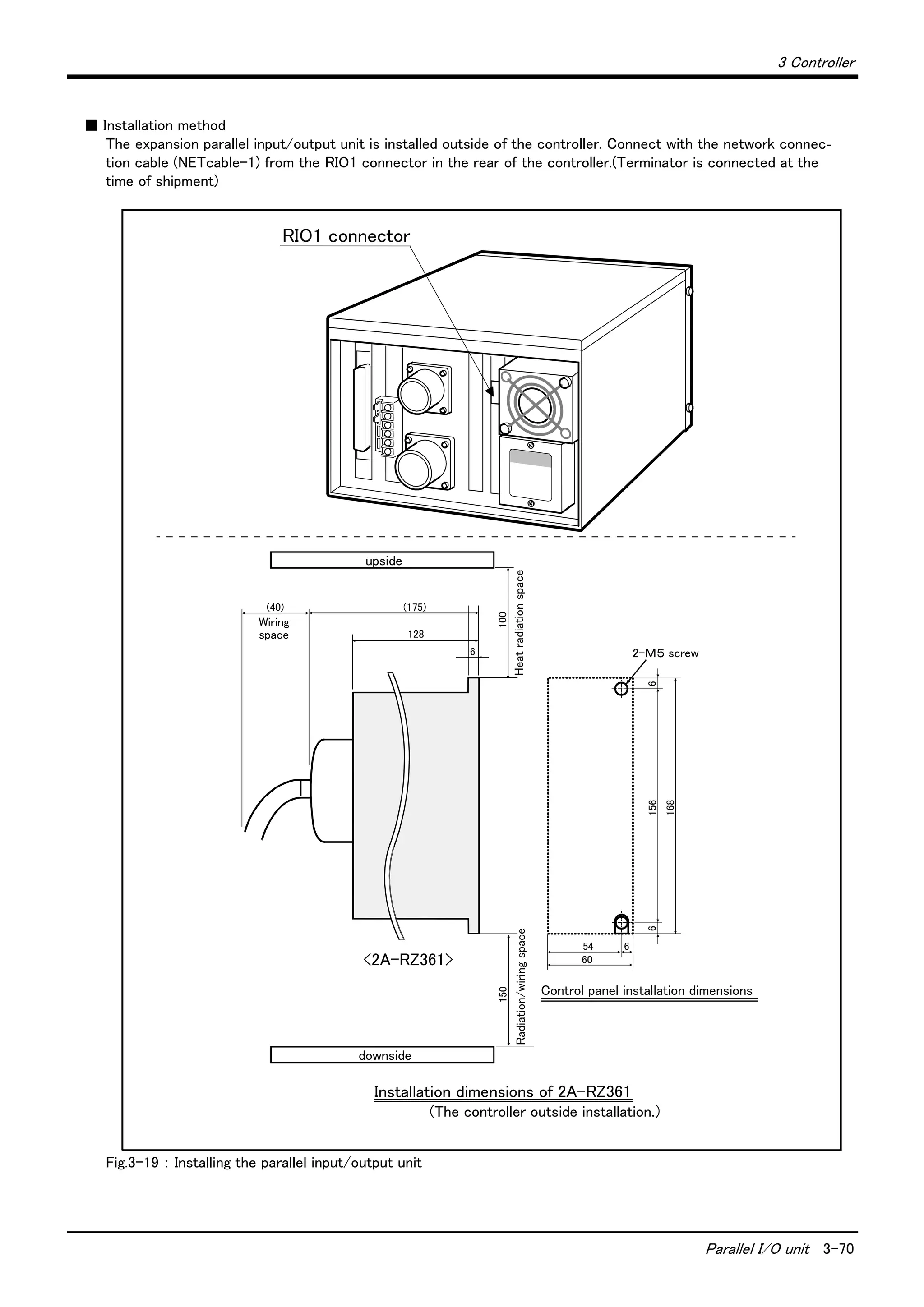 3 Controller
Parallel I/O unit 3-70
■ Installation method
The expansion parallel input/output unit is installed outside of the controller. Connect with the network connec-
tion cable (NETcable-1) from the RIO1 connector in the rear of the controller.(Terminator is connected at the
time of shipment)
Fig.3-19 ： Installing the parallel input/output unit
RIO1 connector
(The controller outside installation.）
60
54 6
Radiation/wiringspace
150
61562-Ｍ５ screw6
168
Heatradiationspace
128
(175)
100
Wiring
space
(40)
<2A-RZ361>
Installation dimensions of 2A-RZ361
6
downside
upside
Control panel installation dimensions
 