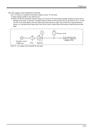 2 Robot arm
2-22
2.5.7 Air supply circuit example for the hand
Fig. 2-13 shows an example of pneumatic supply circuitry for the hand.
(1) Place diodes parallel to the solenoid coil.
(2) When the factory pneumatic pressure drops, as a result of the hand clamp strength weakening, there can be
damage to the work. To prevent it, install a pressure switch to the source of the air as shown in Fig. 2-13 and
use the circuit described so that the robot stops when pressure drops. Use a hand with a spring-pressure
clamp, or a mechanical lock-type hand, that can be used in cases where the pressure switch becomes dam-
aged.
Fig.2-13 ： Air supply circuit example for the hand
Pressure switch
To the solenoid valve
primary air supply port
（0.5MPa±10%）
Pneumatic source
0.7MPa less Filter Regurater
 