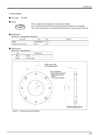２ Robot arm
2-38
(7) Hand adapter
■ Order type ： 1A-HA01
■ Outline
This is installed on the robot arm's mechanical interface.
The conventional model RV-M1 and the mechanical interface are compatible.
This is also included with the optional motorized hand set and pneumatic hand set.
■ Configuration
Table 2-23 ： Configuration equipment
■ Specifications
Table 2-24 ： Specifications
Fig.2-21 ： Outline dimensional drawing
Part name Type Qty. Remarks
Adapter BU164D693H01 1 pc.
Installation bolt (with hole) M3 x 8 4 pc.
Item Specifications
Mass 0.07kg
Material Aluminum alloy
4-M3 screw hole
(4-constant pitch)
4-3.4 reamer through
Φ6.5 counterbore
depth 4
*For installation
(4-constant pitch)
Cross-section A-A
 