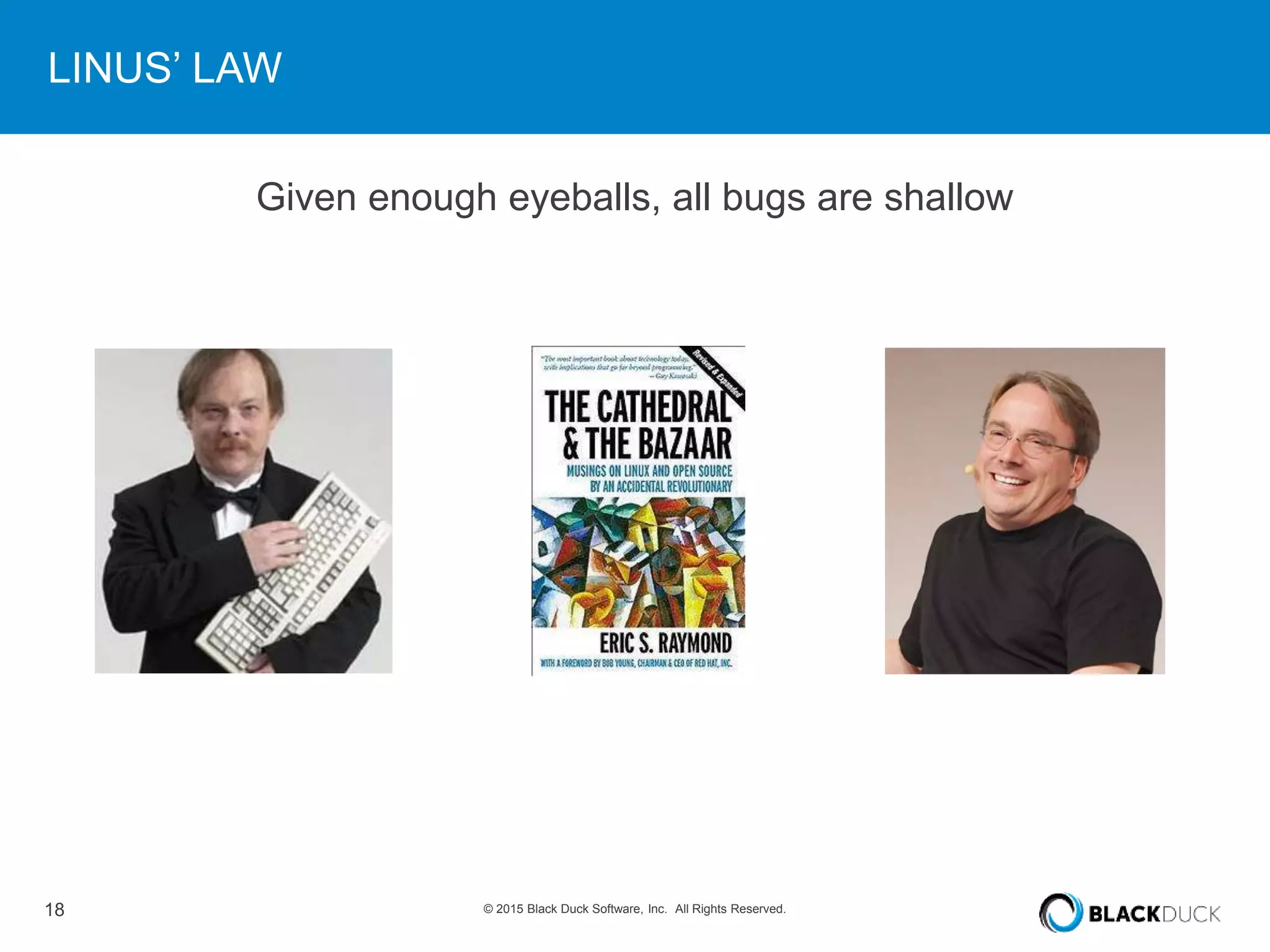 18 © 2015 Black Duck Software, Inc. All Rights Reserved.
LINUS’ LAW
Given enough eyeballs, all bugs are shallow
 