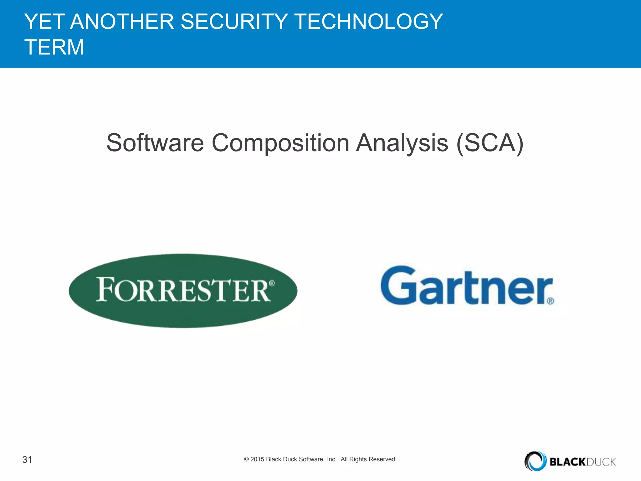 31 © 2015 Black Duck Software, Inc. All Rights Reserved.
Software Composition Analysis (SCA)
YET ANOTHER SECURITY TECHNOLOGY
TERM
 