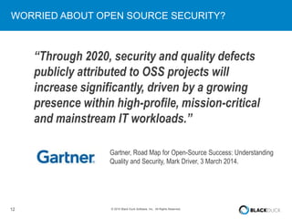 12 © 2015 Black Duck Software, Inc. All Rights Reserved.
WORRIED ABOUT OPEN SOURCE SECURITY?
“Through 2020, security and quality defects
publicly attributed to OSS projects will
increase significantly, driven by a growing
presence within high-profile, mission-critical
and mainstream IT workloads.”
Gartner, Road Map for Open-Source Success: Understanding
Quality and Security, Mark Driver, 3 March 2014.
 