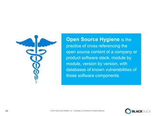 28 © 2014 Black Duck Software, Inc. Proprietary & Confidential All Rights Reserved.
Open Source Hygiene is the
practice of cross referencing the
open source content of a company or
product software stack, module by
module, version by version, with
databases of known vulnerabilities of
those software components.
 