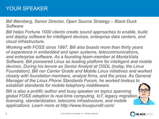 3 © 2015 Black Duck Software, Inc. All Rights Reserved.
YOUR SPEAKER
Bill Weinberg, Senior Director, Open Source Strategy – Black Duck
Software
Bill helps Fortune 1000 clients create sound approaches to enable, build,
and deploy software for intelligent devices, enterprise data centers, and
cloud infrastructure.
Working with FOSS since 1997, Bill also boasts more than thirty years
of experience in embedded and open systems, telecommunications,
and enterprise software. As a founding team-member at MontaVista
Software, Bill pioneered Linux as leading platform for intelligent and mobile
devices. During his tenure as Senior Analyst at OSDL (today, the Linux
Foundation), Bill ran Carrier Grade and Mobile Linux initiatives and worked
closely with foundation members, analyst firms, and the press. As General
Manager of the Linux Phone Standards Forum, he worked tireless to
establish standards for mobile telephony middleware.
Bill is also a prolific author and busy speaker on topics spanning
global FOSS adoption to real-time computing, IoT, legacy migration,
licensing, standardization, telecoms infrastructure, and mobile
applications. Learn more at http://www.linuxpundit.com/.
 