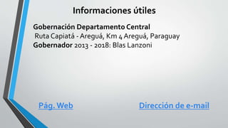 Informaciones útiles
Gobernación Departamento Central
Ruta Capiatá - Areguá, Km 4 Areguá, Paraguay
Gobernador 2013 - 2018: Blas Lanzoni
Pág. Web Dirección de e-mail