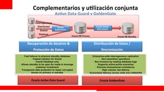 Complementarios	
  y	
  u@lización	
  conjunta	
  
                                   Ac@ve	
  Data	
  Guard	
  y	
  GoldenGate	
  
               Heterogeneous
                 Distributed         Oracle	
                             Oracle	
  Ac@ve	
  
                                   GoldenGate	
                            Data	
  Guard	
  
                    Subset
                   Replicas
                                                    Oracle DB Primary                                  Oracle DB Standby


       Recuperación	
  de	
  desatres	
  &	
                            Distribucción	
  de	
  Datos	
  /	
  
             Protección	
  de	
  Datos	
                                         Sincronización	
  
    •  Fast failover to physical standby database                     •  Enterprise-wide heterogeneous replication
             •  Fastest solution for Oracle                                       •  Zero downtime operations
                 •  Oracle Database only                                 •  Non-invasive by reading database logs
•  Allows standby to be open for reads to leverage                            •  Supports active-active scenarios
                    customer investment                                     •  Ensures transactional consistency
•  Transparent data protection to repair corrupted                                 •  High volume; low latency
              blocks on primary or standby                        •  Guaranteed delivery across wide area networks
                                                                                                	
  
           Oracle	
  Ac@ve	
  Data	
  Guard	
                                  Oracle	
  GoldenGate	
  
                                                                                                	
  
                                                                                                                  Extreme Training Program
                                                                                                                                        27
 