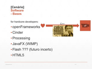 [Cenário]
Software
- Bases
for hardcore developers:
▪openFrameworks
▪Cinder
▪Processing
▪JavaFX (WIMP)
▪Flash ??? (futuro incerto)
▪HTML5
oF
C++
13:21cscerqueira.com.br
 