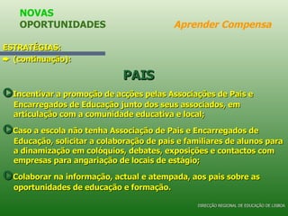 ESTRATÉGIAS:    (continuação): PAIS     Incentivar a promoção de acções pelas Associações de Pais e Encarregados de Educação junto dos seus associados, em articulação com a comunidade educativa e local;    Caso a escola não tenha Associação de Pais e Encarregados de Educação, solicitar a colaboração de pais e familiares de alunos para a dinamização em colóquios, debates, exposições e contactos com empresas para angariação de locais de estágio;    Colaborar na informação, actual e atempada, aos pais sobre as oportunidades de educação e formação.  NOVAS OPORTUNIDADES  Aprender Compensa DIRECÇÃO REGIONAL DE EDUCAÇÃO DE LISBOA 
