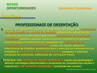 ESTRATÉGIAS:    (continuação): PROFISSIONAIS DE ORIENTAÇÃO      Intervir, em colaboração com o coordenador do curso, em  actividades de aproximação ao mundo do trabalho , elaborando um plano de transição para a vida activa que inclua  actividades de exploração vocacional   (portfólio pessoal, identificação de competências pessoais, desenvolvidas e transferência de competências),   actividades de exploração do mundo do trabalho   (visitas de estudo, pequenas experiências de trabalho, preparação para a inserção em contexto real de trabalho)  e  técnicas de procura de emprego   (resposta a anúncios, simulação de entrevista, elaboração de  curriculum vitae );    Participar nas  reuniões da equipa pedagógica   (apoio psicopedagógico - delinear estratégias diferenciadas e programas de competências sociais e cognitivas)   e do conselho pedagógico   (avaliação dos cursos). NOVAS OPORTUNIDADES  Aprender Compensa DIRECÇÃO REGIONAL DE EDUCAÇÃO DE LISBOA 