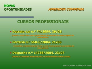 NOVAS  OPORTUNIDADES   APRENDER COMPENSA CURSOS PROFISSIONAIS Decreto-Lei n.º 74/2004, 26/03 (prevê a criação dos cursos profissionais, nas escolas do ensino regular da rede pública) Portaria n.º 550-C/2004, 21/05 (consolida a implementação do CP e o seu funcionamento nas escolas da rede pública) Despacho n.º 14758/2004, 23/07 (define as condições essenciais para o funcionamentos destes cursos) DIRECÇÃO REGIONAL DE EDUCAÇÃO DE LISBOA 