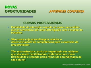 NOVAS  OPORTUNIDADES   APRENDER COMPENSA Modalidade de educação inserida no ensino secundário que se caracteriza por uma forte ligação com o mundo do trabalho; São cursos cuja aprendizagem valoriza o desenvolvimento de competências para o exercício de uma profissão; Têm uma estrutura curricular organizada em módulos que vão sendo capitalizados, conferindo uma maior flexibilidade e respeito pelos ritmos de aprendizagem de cada aluno; CURSOS PROFISSIONAIS DIRECÇÃO REGIONAL DE EDUCAÇÃO DE LISBOA 