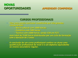 NOVAS  OPORTUNIDADES   APRENDER COMPENSA Têm uma matriz curricular constituída por três grandes componentes: - Sócio-cultural com 1000 horas; - Científica com 500 horas; - Técnica com 1600 horas, sendo 420 em FCT; num total de 3100 horas distribuídas por um ciclo de formação com a duração de 3 anos; A conclusão de um curso profissional confere ao aluno uma qualificação profissional de nível 3 e um diploma equivalente ao ensino secundário regular. CURSOS PROFISSIONAIS DIRECÇÃO REGIONAL DE EDUCAÇÃO DE LISBOA 
