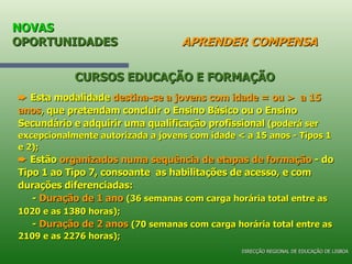 NOVAS  OPORTUNIDADES   APRENDER COMPENSA    Esta modalidade  destina-se   a jovens com idade = ou >  a 15 anos , que pretendam concluir o Ensino Básico ou o Ensino Secundário e adquirir uma qualificação profissional  (poderá ser excepcionalmente autorizada a jovens com idade < a 15 anos - Tipos 1 e 2);    Estão  organizados numa sequência de etapas de formação  - do Tipo 1 ao Tipo 7, consoante  as habilitações de acesso, e com durações diferenciadas:  -  Duração de 1 ano   (36 semanas com carga horária total entre as 1020 e as 1380 horas);   -  Duração de 2 anos   (70 semanas com carga horária total entre as 2109 e as 2276 horas); CURSOS EDUCAÇÃO E FORMAÇÃO DIRECÇÃO REGIONAL DE EDUCAÇÃO DE LISBOA 