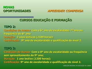 NOVAS  OPORTUNIDADES   APRENDER COMPENSA TIPO 2: Condições de Acesso:  Com o 6º ano de escolaridade, 7º ano ou frequência do 8º ano; Duração:   2 anos lectivos (2109 horas); Certificação:   9º ano de escolaridade e qualificação de nível 2. TIPO 3: Condições de Acesso:  Com o 8º ano de escolaridade ou frequência sem aproveitamento do 9º ano; Duração:   1 ano lectivo (1200 horas); Certificação:  9º ano de escolaridade e qualificação de nível 2. CURSOS EDUCAÇÃO E FORMAÇÃO DIRECÇÃO REGIONAL DE EDUCAÇÃO DE LISBOA 