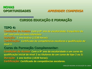 NOVAS  OPORTUNIDADES   APRENDER COMPENSA TIPO 4: Condições de Acesso:   Com o 9º ano de escolaridade, frequência do 10º com uma ou mais retenções; Duração:   1 ano lectivo (1230 horas); Certificação:   Certificado de competências escolares e qualificação de nível 2. Curso de Formação Complementar: Condições de Acesso:   Com o 9º ano de escolaridade e um curso de qualificação inicial de nível 2 ou titulares de um curso de tipo 2 ou 3; Duração:   1 ano lectivo (1020 horas); Certificação:   Certificado de competências escolares. CURSOS EDUCAÇÃO E FORMAÇÃO DIRECÇÃO REGIONAL DE EDUCAÇÃO DE LISBOA 