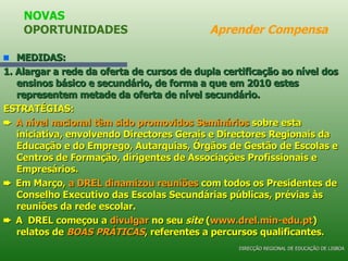 MEDIDAS: 1. Alargar a rede da oferta de cursos de dupla certificação ao nível dos ensinos básico e secundário, de forma a que em 2010 estes representem metade da oferta de nível secundário. ESTRATÉGIAS:    A nível nacional   têm sido promovidos   Seminários  sobre esta iniciativa, envolvendo Directores Gerais e Directores Regionais da Educação e do Emprego, Autarquias, Órgãos de Gestão de Escolas e Centros de Formação, dirigentes de Associações Profissionais e Empresários.    Em Março,  a DREL dinamizou reuniões  com todos os Presidentes de Conselho Executivo das Escolas Secundárias públicas, prévias às reuniões da rede escolar.    A  DREL começou a  divulgar  no seu  site  ( www.drel.min-edu.pt ) relatos de  BOAS PRÁTICAS , referentes a percursos qualificantes. NOVAS OPORTUNIDADES  Aprender Compensa DIRECÇÃO REGIONAL DE EDUCAÇÃO DE LISBOA 