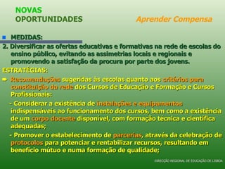 MEDIDAS: 2. Diversificar as ofertas educativas e formativas na rede de escolas do ensino público, evitando as assimetrias locais e regionais e promovendo a satisfação da procura por parte dos jovens. ESTRATÉGIAS:    Recomendações  sugeridas às escolas quanto aos  critérios para constituição da rede  dos Cursos de Educação e Formação e Cursos Profissionais: - Considerar a existência de  instalações e equipamentos  indispensáveis ao funcionamento dos cursos, bem como a existência de um  corpo docente  disponível, com formação técnica e científica adequadas; - Promover o estabelecimento de  parcerias , através da celebração de  protocolos  para potenciar e rentabilizar recursos, resultando em benefício mútuo e numa formação de qualidade; NOVAS OPORTUNIDADES  Aprender Compensa DIRECÇÃO REGIONAL DE EDUCAÇÃO DE LISBOA 