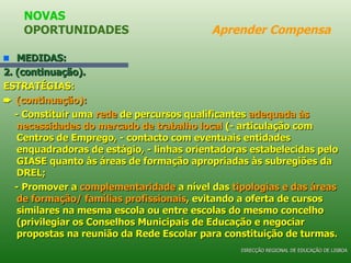 MEDIDAS: 2. (continuação). ESTRATÉGIAS:    (continuação): - Constituir uma  rede  de percursos qualificantes  adequada às necessidades do mercado de trabalho local  (- articulação com Centros de Emprego, - contacto com eventuais entidades enquadradoras de estágio, - linhas orientadoras estabelecidas pelo GIASE quanto às áreas de formação apropriadas às subregiões da DREL; - Promover a  complementaridade  a nível das  tipologias e das áreas de formação/ famílias profissionais , evitando a oferta de cursos similares na mesma escola ou entre escolas do mesmo concelho (privilegiar os Conselhos Municipais de Educação e negociar propostas na reunião da Rede Escolar para constituição de turmas. NOVAS OPORTUNIDADES  Aprender Compensa DIRECÇÃO REGIONAL DE EDUCAÇÃO DE LISBOA 