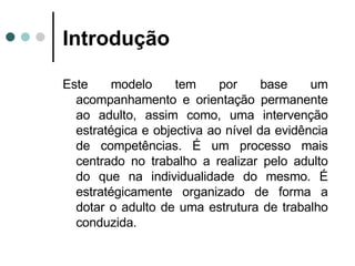 Introdução Este modelo tem por base um acompanhamento e orientação permanente ao adulto, assim como, uma intervenção estratégica e objectiva ao nível da evidência de competências. É um processo mais centrado no trabalho a realizar pelo adulto do que na individualidade do mesmo. É estratégicamente organizado de forma a dotar o adulto de uma estrutura de trabalho conduzida. 