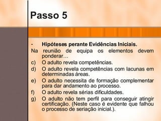 Passo 5 Hipóteses perante Evidências Iniciais. Na reunião de equipa os elementos devem ponderar… O adulto revela competências. O adulto revela competências com lacunas em determinadas áreas. O adulto necessita de formação complementar para dar andamento ao processo. O adulto revela sérias dificuldades. O adulto não tem perfil para conseguir atingir certificação. (Neste caso é evidente que falhou o processo de seriação inicial.). 