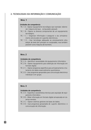 2. TECNOLOGIAS DA INFORMAÇÃO E COMUNICAÇÃO


             NÍVEL 1

            Unidades de competência
            TIC 1 A – Operar equipamento tecnológico (por exemplo: telemó-
                   vel, máquina de lavar, computador pessoal).
            TIC 1 B – Operar os diversos componentes de um equipamento
                   tecnológico.
            TIC 1 C – Organizar informação e assegurar o seu armazena-
                   mento estruturado em suportes electrónicos.
            TIC 1 D – Usar tecnologia adequada ao processamento e/ou
                   edição de texto [em princípio no computador, mas também
                   possível numa máquina de escrever].




             NÍVEL 2

             Unidades de competência
             TIC 2 A – Identificar necessidades de equipamento informático.
             TIC 2 B – Operar equipamento para obtenção de informação em
                    formato digital.
             TIC 2 C – Operar programas específicos para armazenamento e tra-
                    tamento de dados essencialmente quantitativos.
             TIC 2 D – Usar programas apropriados para comunicação electrónica
                    individual e em grupo.




             NÍVEL 3

             Unidades de competência
             TIC 3 A – Especificar características técnicas para aquisição de equi-
                    pamento informático.
             TIC 3 B – Obter informação em formato digital armazenada em sis-
                    temas remotos.
             TIC 3 C – Operar sistemas gestores de bases de dados.
             TIC 3 D – Usar programas apropriados de suporte electrónico à
                    comunicação de informação.




26
 