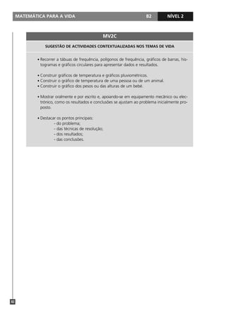 MATEMÁTICA PARA A VIDA                                              B2          NÍVEL 1
                                                                                           2



                                                 MV2C

                 SUGESTÃO DE ACTIVIDADES CONTEXTUALIZADAS NOS TEMAS DE VIDA


             • Recorrer a tábuas de frequência, polígonos de frequência, gráficos de barras, his-
              togramas e gráficos circulares para apresentar dados e resultados.

             • Construir gráficos de temperatura e gráficos pluviométricos.
             • Construir o gráfico de temperatura de uma pessoa ou de um animal.
             • Construir o gráfico dos pesos ou das alturas de um bebé.

             • Mostrar oralmente e por escrito e, apoiando-se em equipamento mecânico ou elec-
              trónico, como os resultados e conclusões se ajustam ao problema inicialmente pro-
              posto.

             • Destacar os pontos principais:
                      - do problema;
                      - das técnicas de resolução;
                      - dos resultados;
                      - das conclusões.




82
 