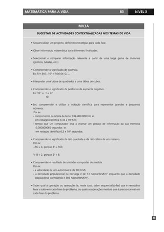 MATEMÁTICA PARA A VIDA                                                           B3          NÍVEL 3



                                              MV3A
        SUGESTÃO DE ACTIVIDADES CONTEXTUALIZADAS NOS TEMAS DE VIDA


   • Sequencializar um projecto, definindo estratégias para cada fase.

   • Obter informação matemática para diferentes finalidades.

   • Seleccionar e comparar informação relevante a partir de uma larga gama de materiais
     (gráficos, tabelas, etc.).

   • Compreender o significado de potência.
     Ex: 52= 5x5 ; 10 3 = 10x10x10; ...

   • Interpretar uma tábua de quadrados e uma tábua de cubos.

   • Compreender o significado de potências de expoente negativo.
     Ex: 10 -1 = 1 = 0,1
                 10

   • Ler, compreender e utilizar a notação científica para representar grandes e pequenos
     números.
     Por ex:
     - comprimento da órbita da terra: 934.400.000 Km ie,
       em notação científica 9,34 x 108 Km;
     - tempo que um computador leva a chamar um pedaço de informação da sua memória
        0,000000065 segundos ie,
        em notação científica 6,5 x 10-8 segundos.

   • Compreender o significado da raiz quadrada e da raiz cúbica de um número.
     Por ex:
     ÷16 = 4, porque 42 = 163;

    3
     ÷ 8 = 2, porque 23 = 8.

   • Compreender o resultado de unidades compostas de medida.
     Por ex:
     - a velocidade de um automóvel é de 90 Km/h;
     - a densidade populacional da Noruega é de 13 habitantes/Km2 enquanto que a densidade
       populacional da Holanda é 385 habitantes/Km2.

   • Saber qual a operação ou operações (e, neste caso, saber sequencializá-las) que é necessário
     levar a cabo em cada fase do problema, ou quais as operações mentais que é preciso carrear em
     cada fase do problema.




                                                                                                       85
 