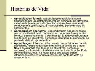 Histórias de Vida Aprendizagem formal : «aprendizagem tradicionalmente dispensada por um estabelecimento de ensino ou de formação, estruturada (em termos de objectivos, duração e recursos), conducente à certificação. É intencional do ponto de vista do aprendente.» Aprendizagem não formal:  «aprendizagem não dispensada por um estabelecimento de ensino ou de formação e que não conduz, tradicionalmente, à certificação. É, todavia estruturada (em termos de objectivos, duração e recursos). É intencional do ponto de vista do aprendente.»  Aprendizagem informal:  «decorrente das actividades da vida quotidiana, relacionadas com o trabalho, a família ou o lazer. Não é estruturada (em termos de objectivos, duração e recursos) e não conduz, tradicionalmente, à certificação. Pode ser intencional, mas, na maior parte dos casos, é não intencional (carácter fortuito/aleatório) do ponto de vista do aprendente.»  
