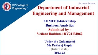 RV College of
Engineering
Go, change the world
Department of Industrial
Engineering and Management
21IMI310-Internship
Business Analytics
Submitted by -
Vedant Boddun-1RV21IM062
Under the Guidance of
Mr Pukhraj Gupta
(Internshala)
2022-23
 